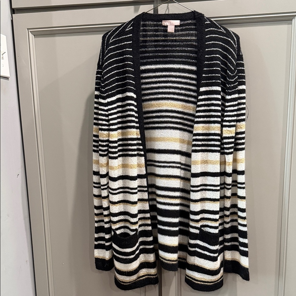 Striped Open-Front Women's Cardigan Sweater - Black, White & Gold 16-18